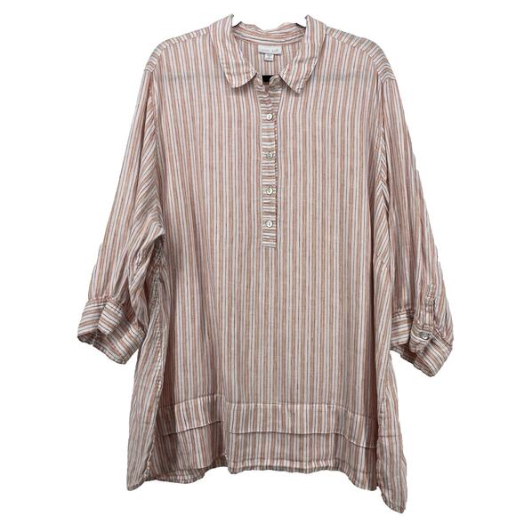 J Jill Love Linen Plus Size 4X Popover Top Orange Vertical Stripe Shirt Women's - Picture 1 of 7